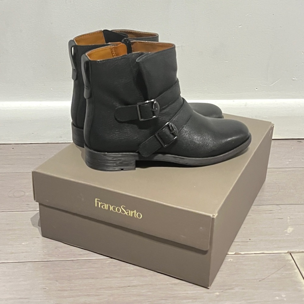 NEW! Franco Sarto Leather Black Buckle Ankle Boots!